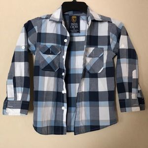 Swiss Cross Plaid Blue/White Button-Down Long Sleeve Shirt (Kids Size 6)